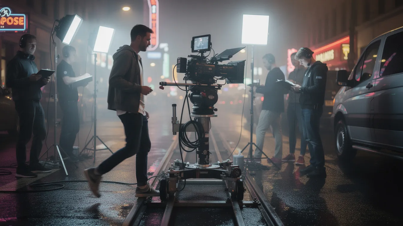 Eine Filmcrew arbeitet bei Nacht in einer urbanen Straße in Hamburg Altona. Im Vordergrund ist eine Kamera auf einem Rig zu sehen, während ein Schauspieler in Bewegung ist und Crew-Mitglieder im Hintergrund beschäftigt sind.