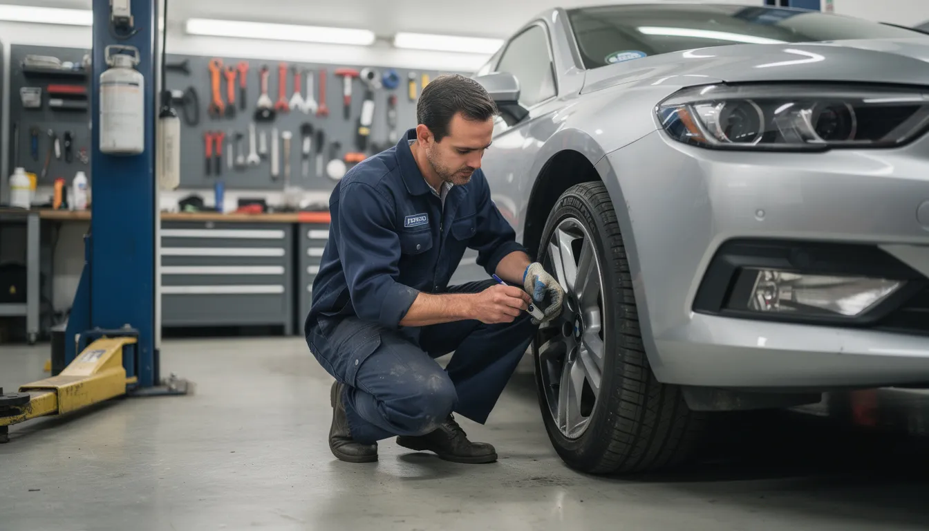 A mechanic is closely inspecting a car tire in a professional auto shop, assessing its condition as part of a spring tire changeover. The focus is on the tire's tread patterns, which are crucial for safe driving and performance as temperatures rise and winter conditions fade.