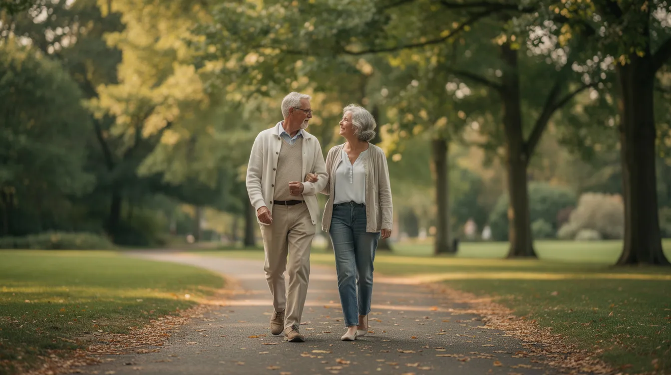 An older couple strolls along a serene path lined with trees, engaging in a thoughtful conversation about their retirement plans and future financial security. Their discussion reflects the importance of retirement savings options and the need for careful financial planning to ensure a secure financial future.