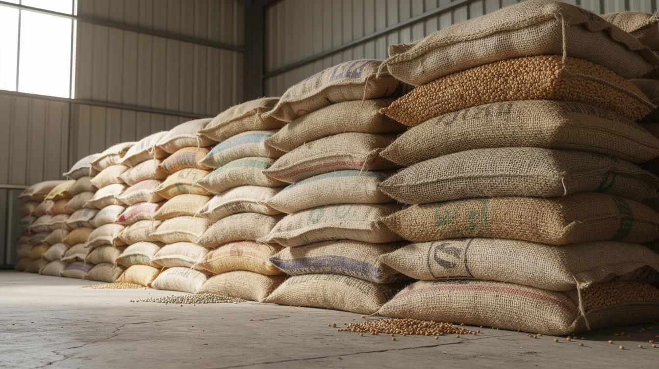 1bb80c08 55eb 48fc 953d 892f5e32bf00 The image shows stacked jute bags filled with various raw pulses, including chana, moong, and toor, neatly organized in a warehouse setting. This scene reflects the essential role of raw material storage in the dal mill plant and the food processing industry, highlighting the importance of operational efficiency and quality assurance in pulse processing.