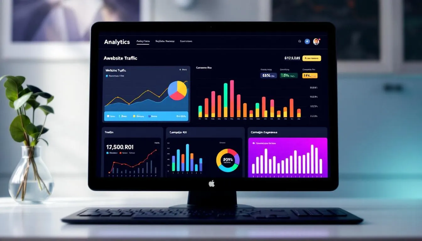 An analytics dashboard displayed on a computer screen showcases various performance metrics and graphs related to digital marketing efforts, highlighting key insights into marketing campaigns and strategies. This visual representation aids in evaluating the effectiveness of digital marketing channels and guides future marketing activities.