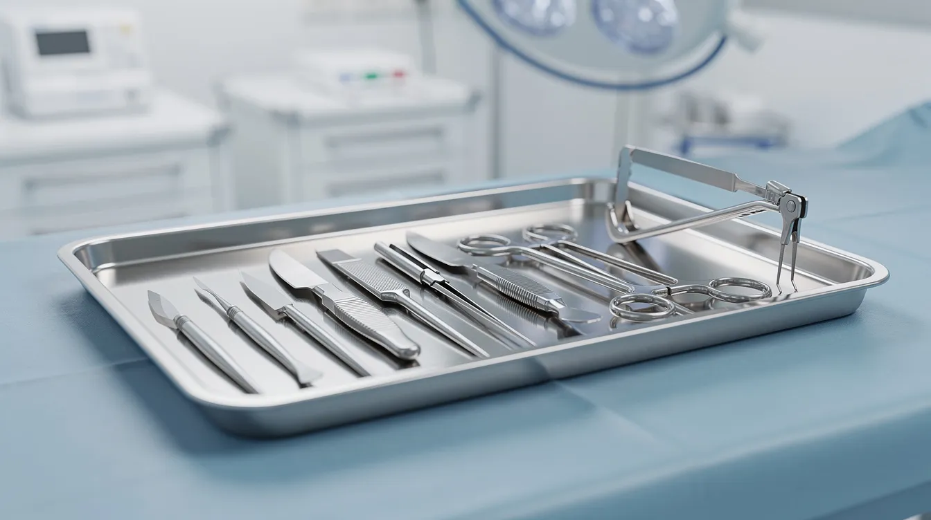 The image depicts a stainless steel tray meticulously arranged with various surgical tools, set in a sterile clinical environment, reflecting the precision and care essential in surgical procedures. This organized display of surgical instruments is crucial for healthcare professionals to minimize the risk of surgical errors and ensure patient safety during operations.