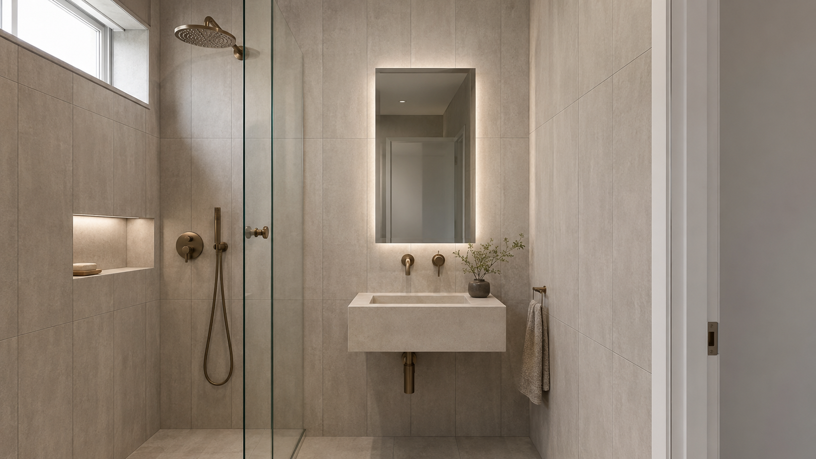 This image showcases a luxurious bathroom featuring large format tiles on the walls and floor, creating a seamless look with fewer grout lines. The design emphasizes a modern aesthetic with white subway tiles and small hexagon tiles, enhancing the compact space while allowing natural light to reflect off the surfaces, adding depth and visual interest.