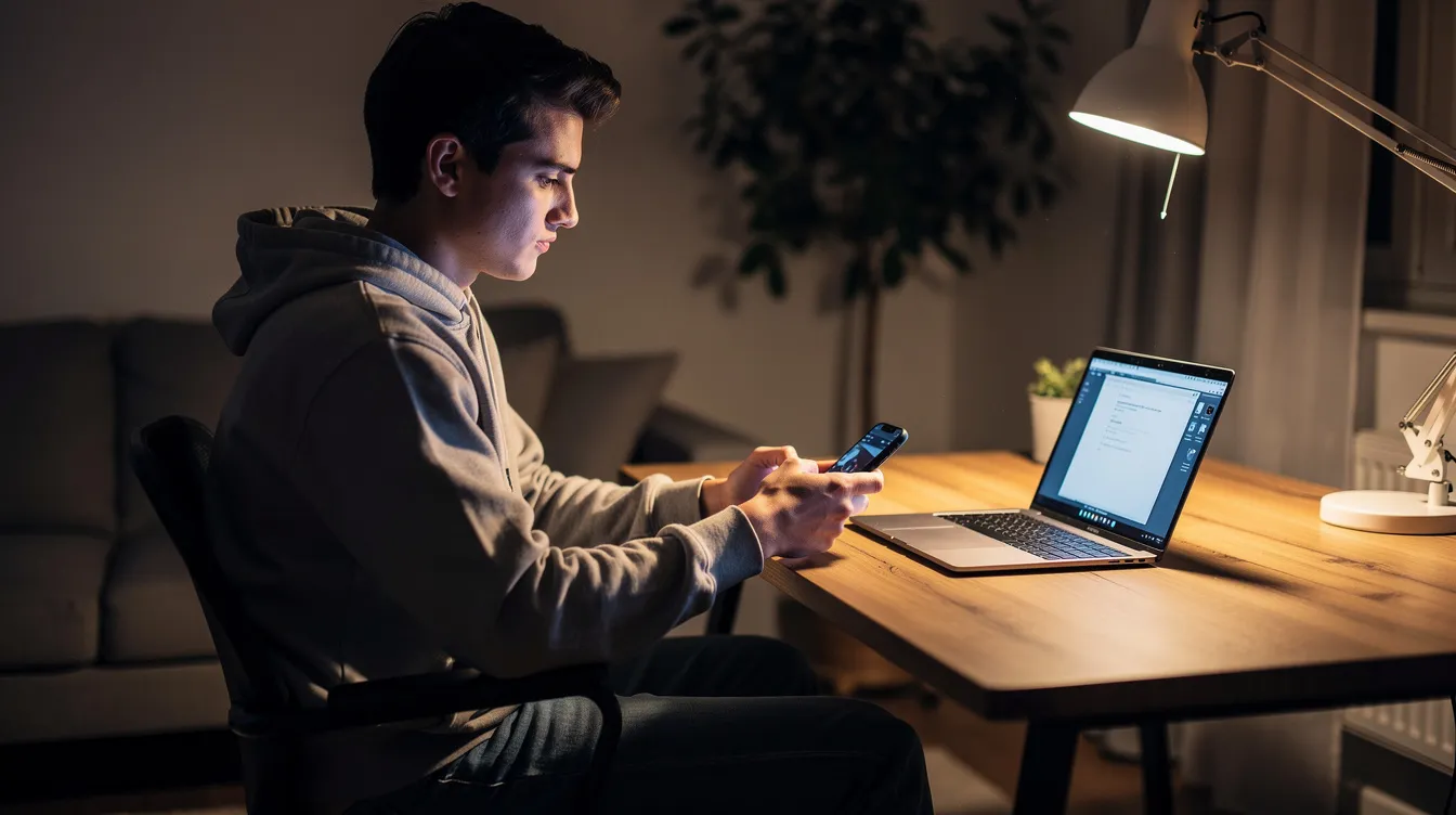 A person sits at home, using a smartphone while a laptop is open beside them, suggesting a comfortable workspace. The scene indicates a blend of personal and financial tasks, potentially involving applications for loans or managing financial products.