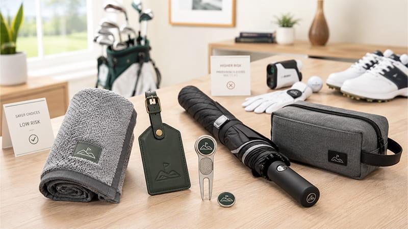 Low-risk golf gift ideas including a towel, bag tag, divot tool, umbrella, and travel pouch, with fit-sensitive golf gear in the background