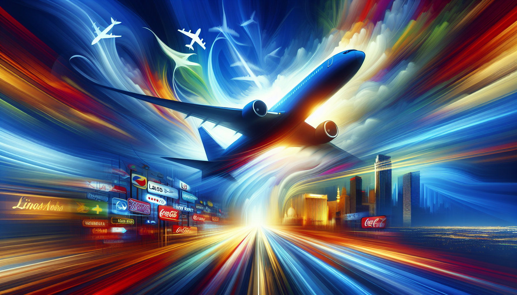 Illustration of popular airlines for flights from Las Vegas to New York, featuring various airline logos in a blurred background.