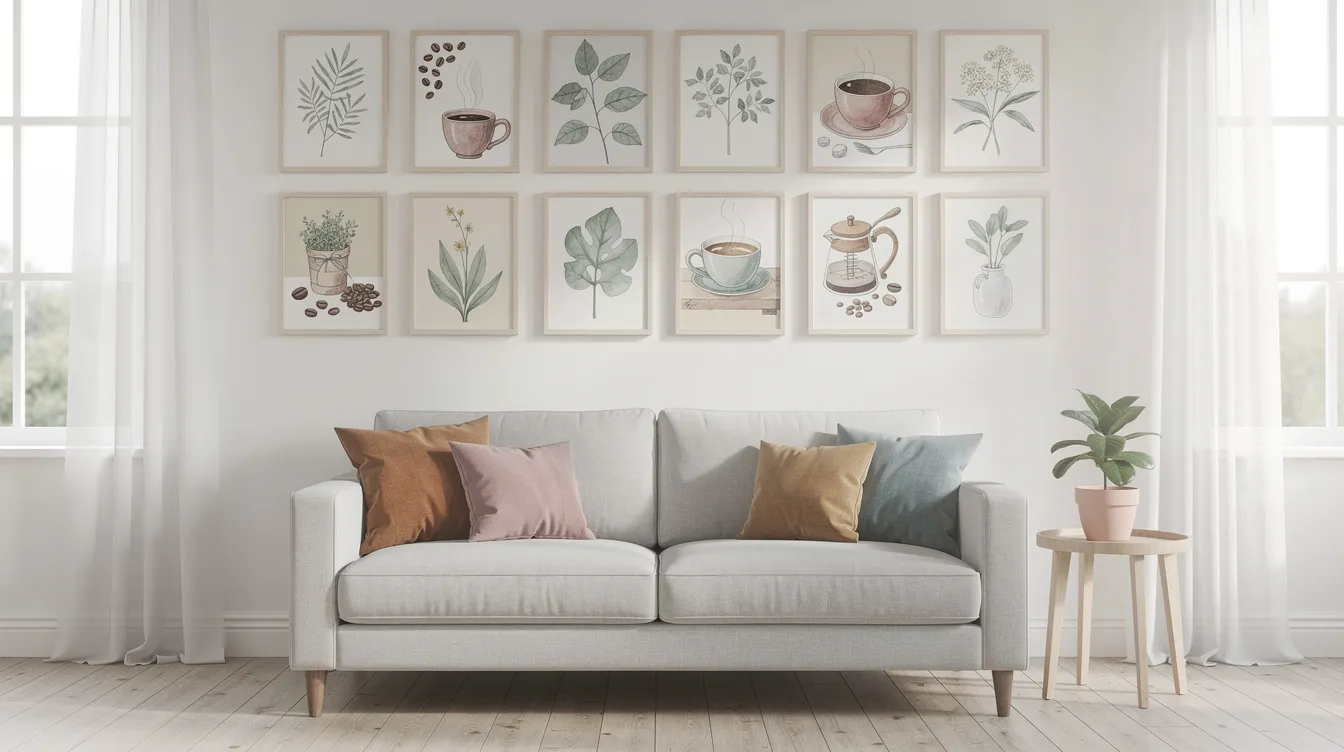Ett ljust pausrum med botaniska tavlor och kaffemotiv hängande på väggen ovanför en soffa med färgglada kuddar. Rummet skapar en inspirerande arbetsmiljö för anställda, med konstverk som speglar företagets värderingar och kreativitet.