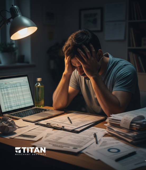 An overwhelmed man, a small business owner, sits at a cluttered desk late at night, holding his head in his hands. His desk is covered with financial documents, spreadsheets on a laptop, and tax forms, illustrating the stress of managing manual payroll.