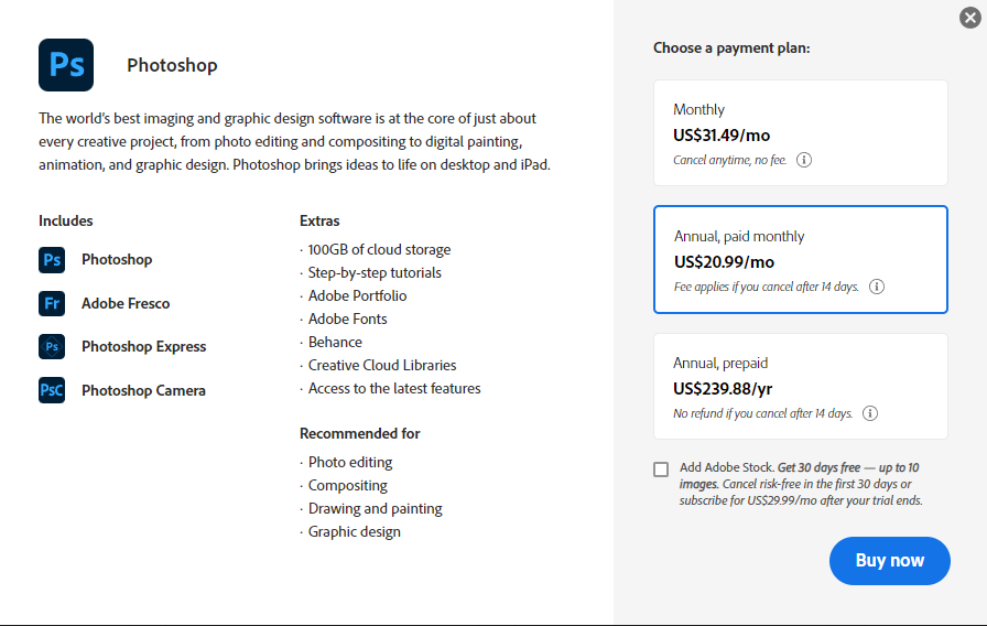 Adobe Photoshop pricing