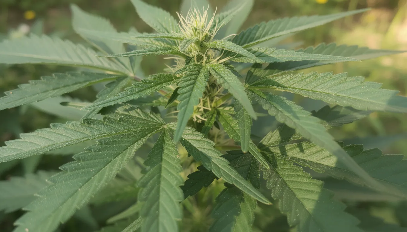 Die Nahaufnahme zeigt eine Hanfpflanze mit leuchtend grünen Blättern, die im natürlichen Licht strahlen. Diese Pflanze ist bekannt für ihre Cannabinoide, die in verschiedenen Hautpflegeprodukten wie Cremes und Seren verwendet werden.