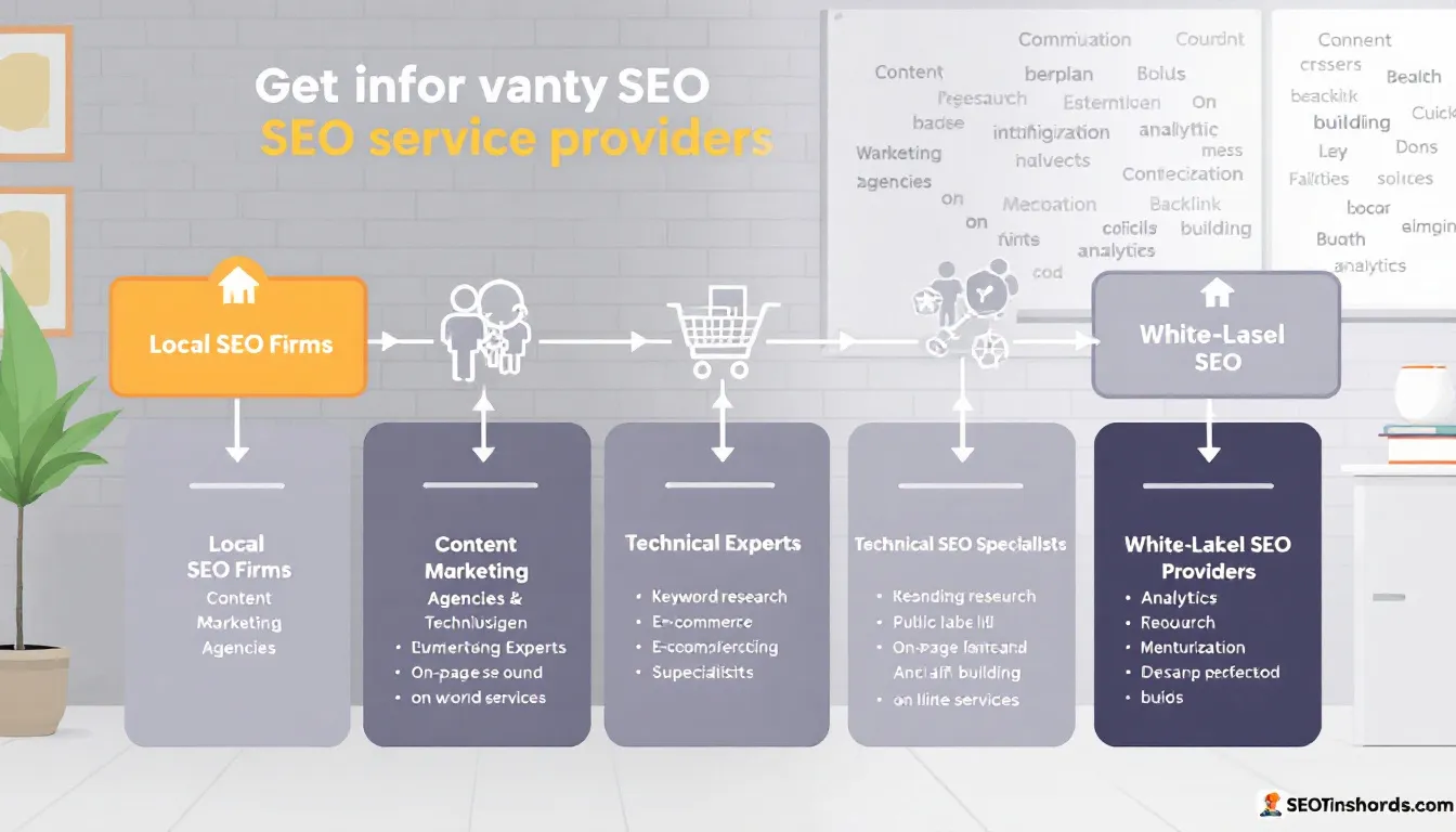 The image illustrates various types of SEO service providers, showcasing a digital marketing agency's team collaborating on strategies for improving online visibility and driving organic traffic. It highlights key elements such as local SEO, technical SEO, and effective content marketing to help businesses achieve their goals and attract new customers.