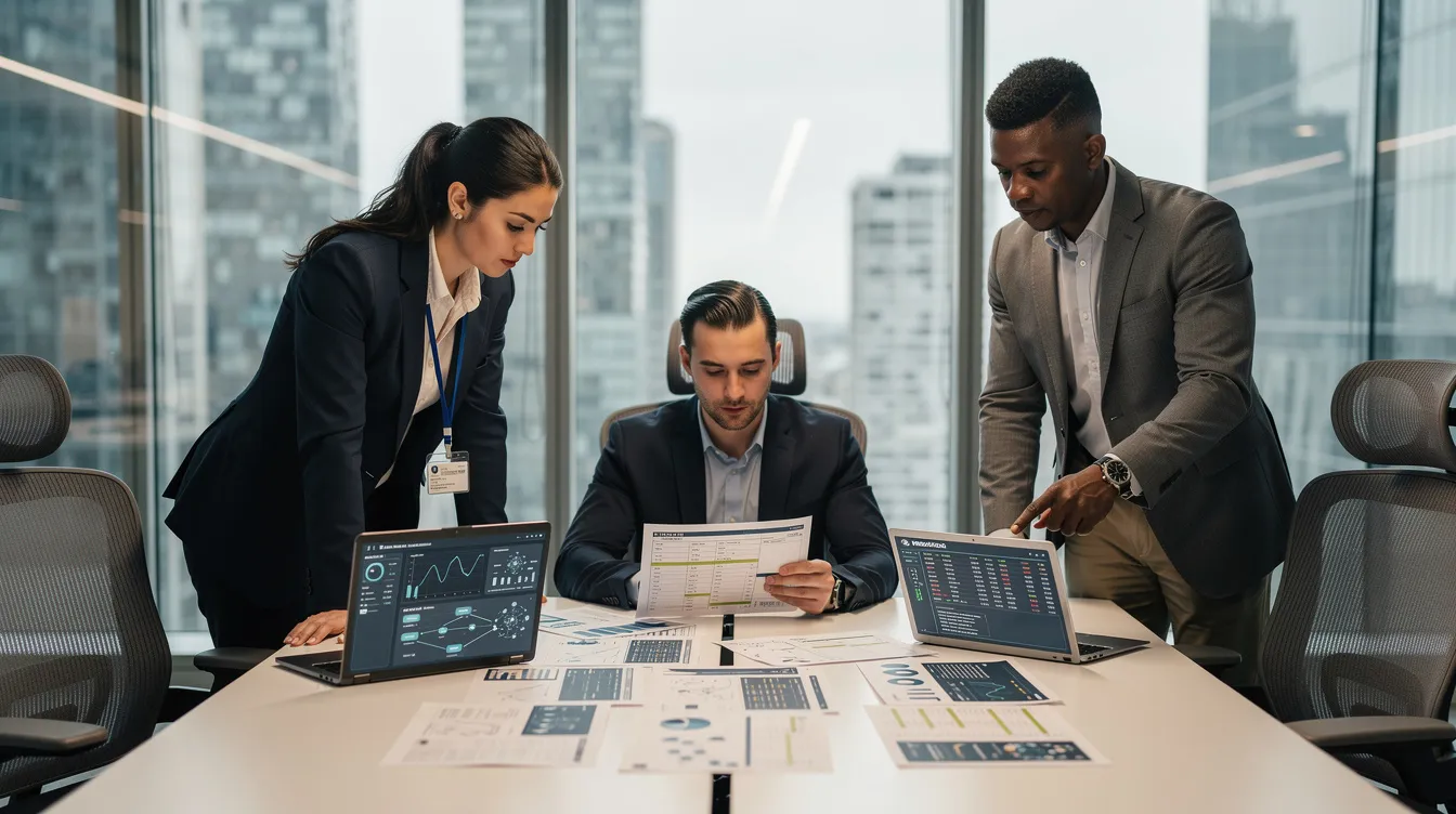 The image depicts a security team engaged in a readiness assessment, reviewing documents and laptop screens in a modern open office environment. They are focused on ensuring compliance with SOC 2 standards and evaluating security controls to maintain a strong security posture for customer data.