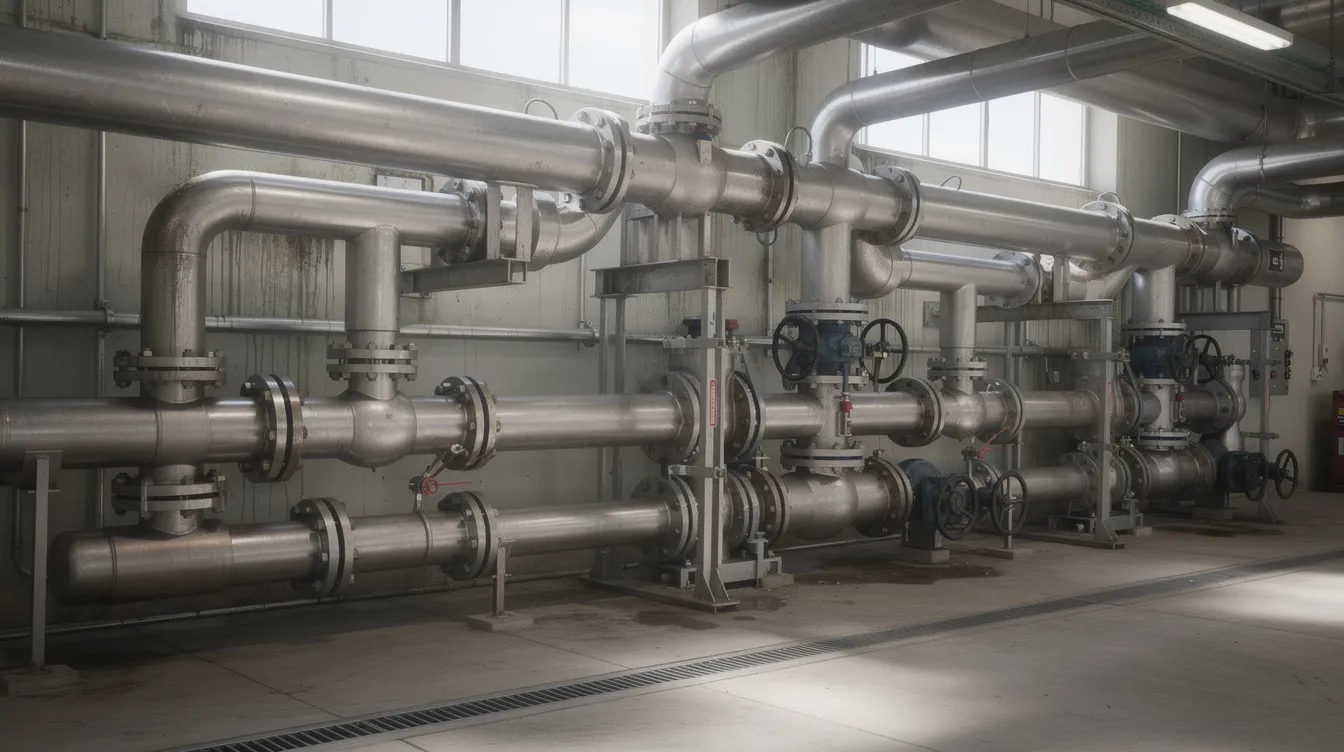 The image depicts a network of water treatment pipes in an outdoor setting, illustrating the infrastructure used for water disinfection. This system is essential for ensuring water quality and safety, helping to eliminate harmful microorganisms through processes such as UV disinfection and chlorine systems.