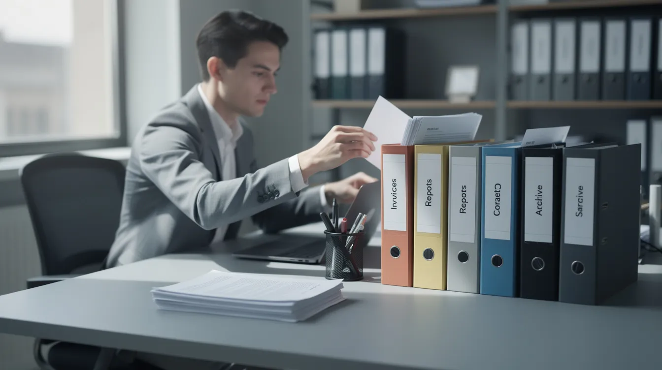 A person is sitting at a desk, meticulously organizing various documents and files into labeled folders, which may include bank statements, utility bills, and other documents required for loan applications. This careful arrangement suggests a focus on personal loans, such as mudra loans, and the necessary details for funding from small finance banks.