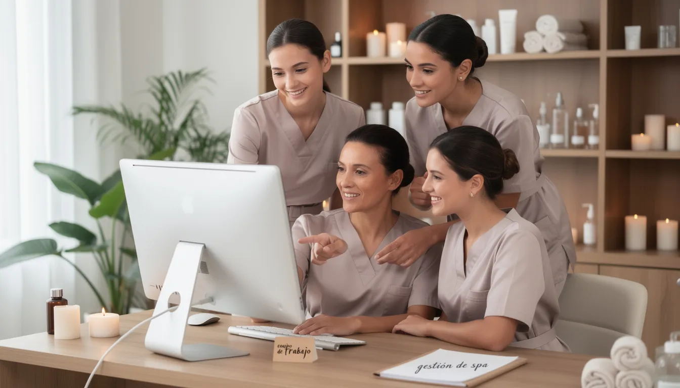 Un equipo de trabajo en un spa se encuentra revisando información en una computadora, colaborando para gestionar citas y servicios para sus pacientes. La escena refleja un ambiente de atención y profesionalismo, donde se utilizan herramientas digitales para mejorar la experiencia del cliente.