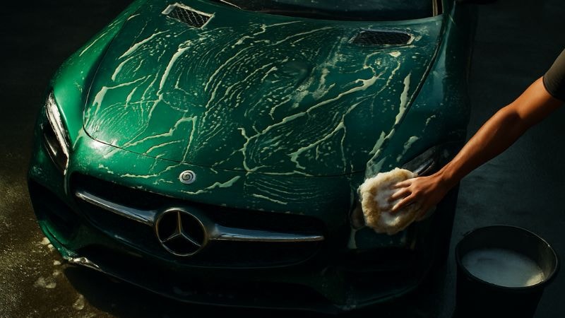 washing green wrapped Mercedes as a part of aftercare