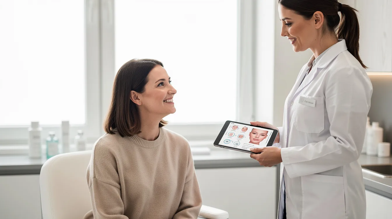 In a modern clinic, a smiling patient engages in conversation with a skincare professional about their personalized treatment plan for skin rejuvenation. The discussion likely revolves around the benefits of microneedling treatment for improving skin texture and addressing individual skin concerns such as acne scars and fine lines.