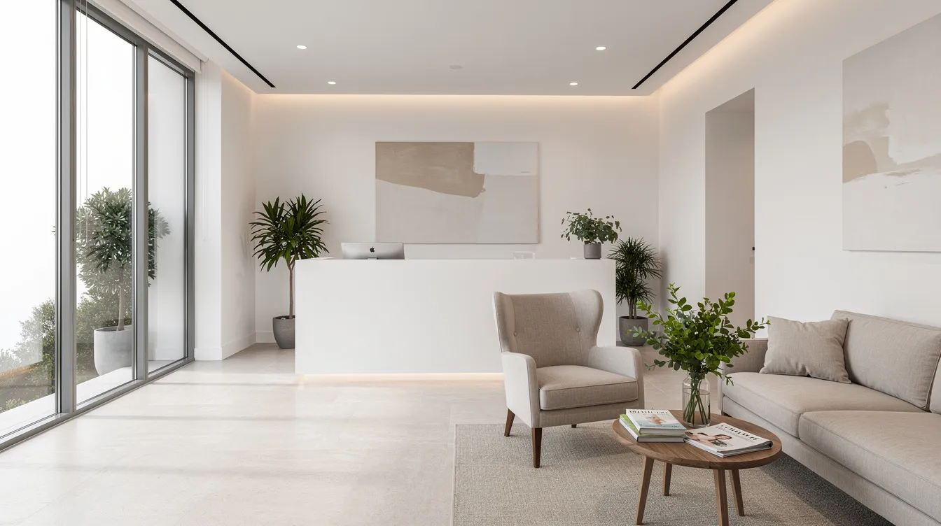 The image depicts a modern medspa reception area, featuring clean white and neutral tones with comfortable seating, creating a welcoming atmosphere for patients seeking non-surgical treatments like endolift skin tightening. This inviting space is designed to enhance the experience for those interested in minimally invasive laser treatments aimed at improving skin quality and stimulating collagen production.