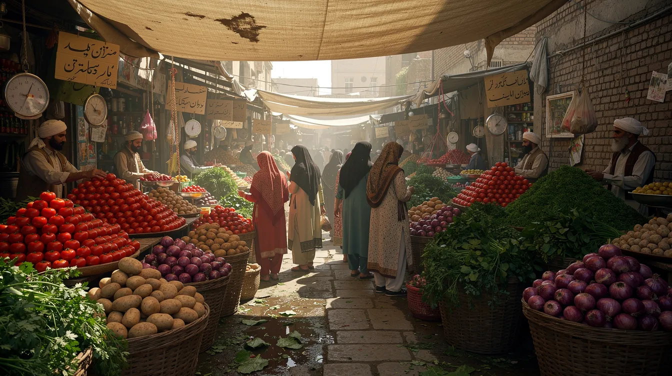 The image depicts a vibrant Pakistani vegetable market bustling with activity, showcasing colorful piles of fresh tomatoes, potatoes, onions, and leafy greens arranged under a cloth canopy. This lively scene highlights the availability of nutritious meals and fresh food, perfect for planning your weekly shop while keeping grocery costs in check.