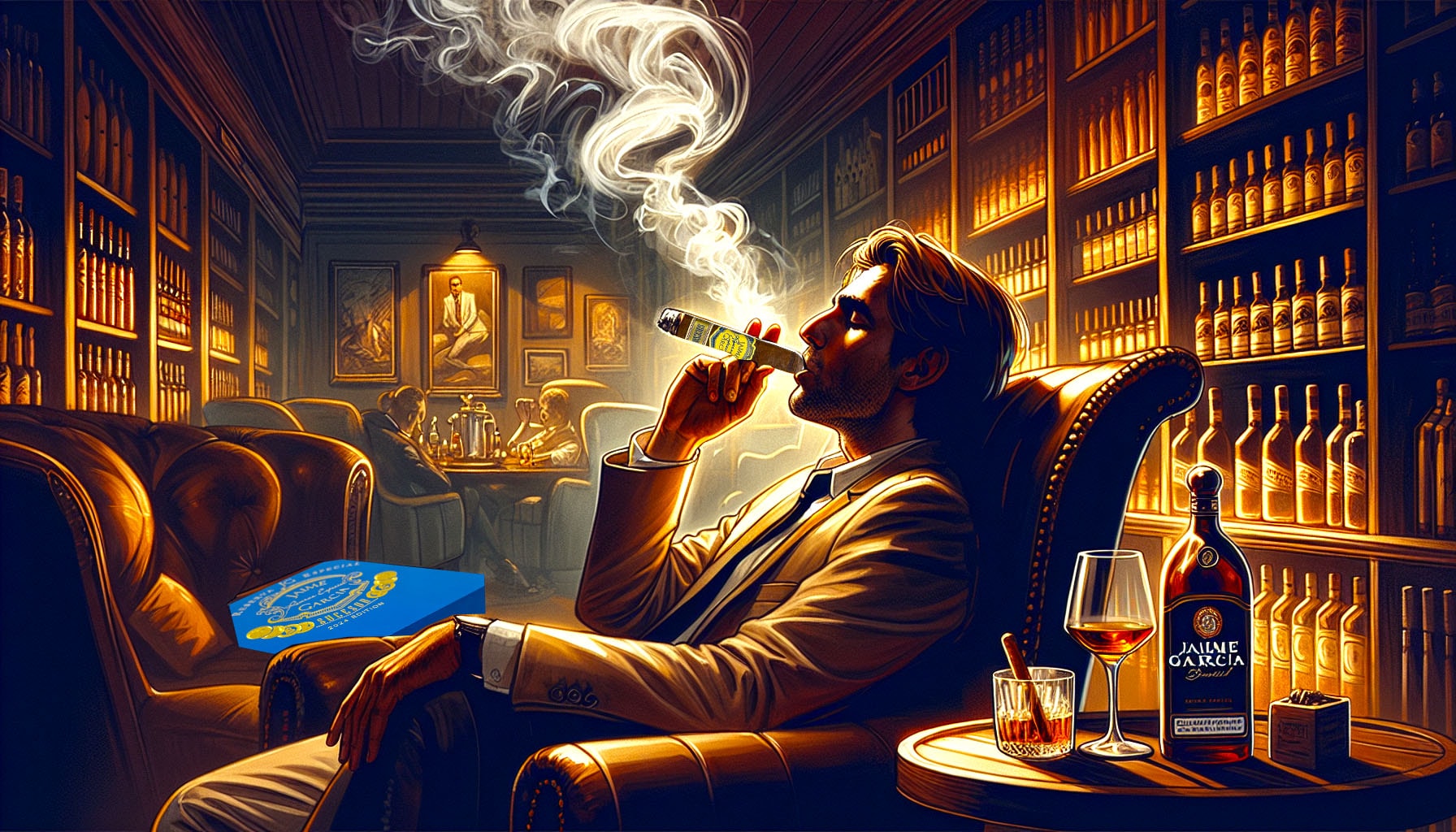 A vibrant illustration of a cigar enthusiast enjoying a Jaime Garcia Reserva Especial cigar.