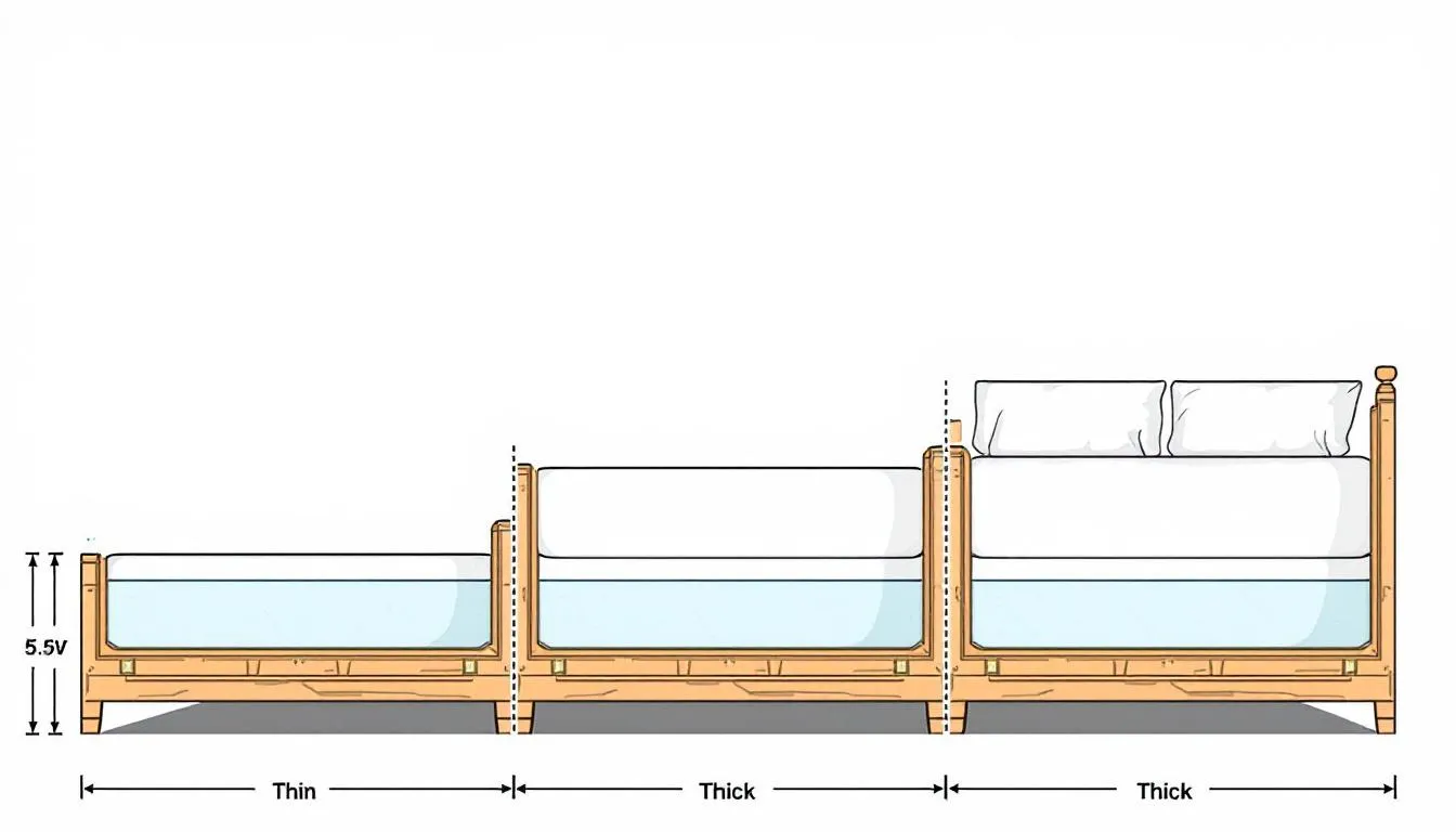 The image presents a cross-sectional view of a queen bed frame, displaying various mattress heights and illustrating the proportional relationships between them. This visual representation helps in understanding how different mattress sizes fit within the queen bedroom set, showcasing the overall style and functionality of bedroom furniture.
