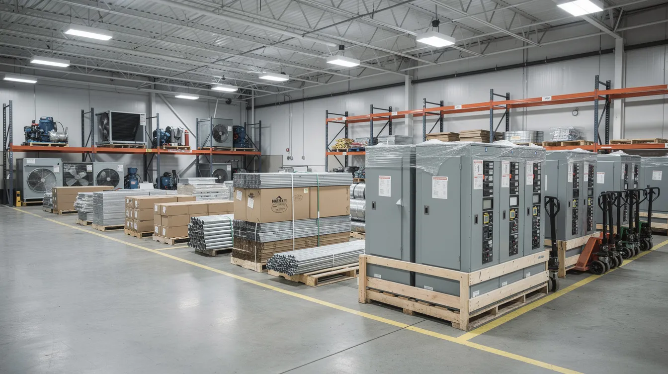 The image depicts a large warehouse staging area filled with pallets of construction materials, electrical panels, and mechanical equipment, all prepared for delivery. This setting highlights the importance of effective contract risk management in ensuring timely project progress and minimizing potential risks associated with construction contracts.