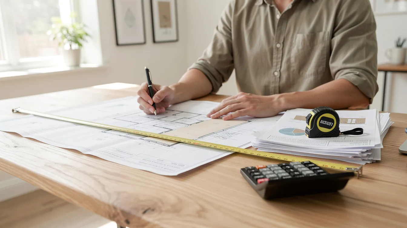 Une personne examine des plans de construction et des documents étalés sur une table en bois, avec un mètre ruban et une calculatrice à proximité, dans un bureau lumineux. Cette scène évoque la planification de projets liés à la récupération d'eau de pluie, soulignant l'importance de la vérification et de l'installation d'un système de récupération d'eau pour les besoins domestiques.