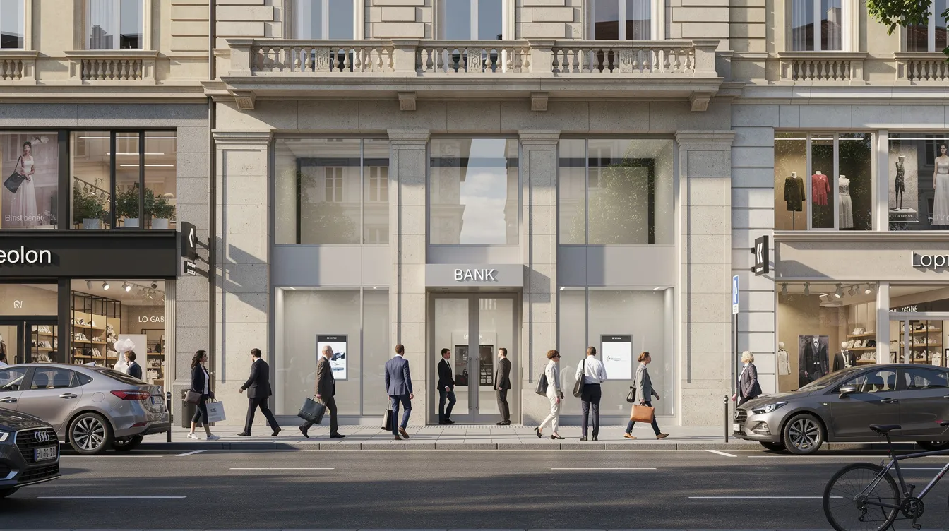The image depicts the exterior of a European bank branch, bustling with pedestrians on a busy commercial street, showcasing the vibrant atmosphere of Romania's banking sector. This branch represents a key player in the national banking system, providing essential banking services to both individual customers and corporate clients.