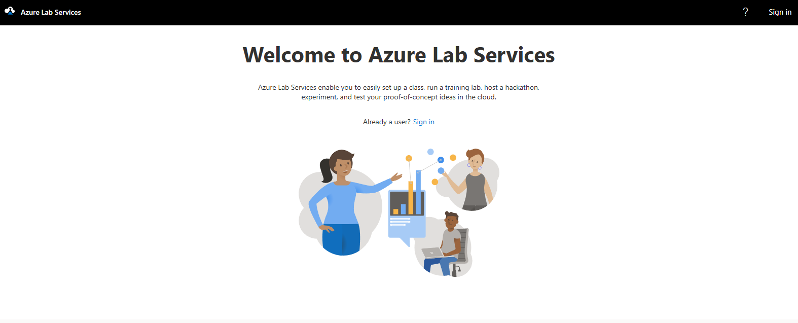Azure Lab Services homepage showcasing cloud-based virtual labs for hands-on technical training and classroom learning.