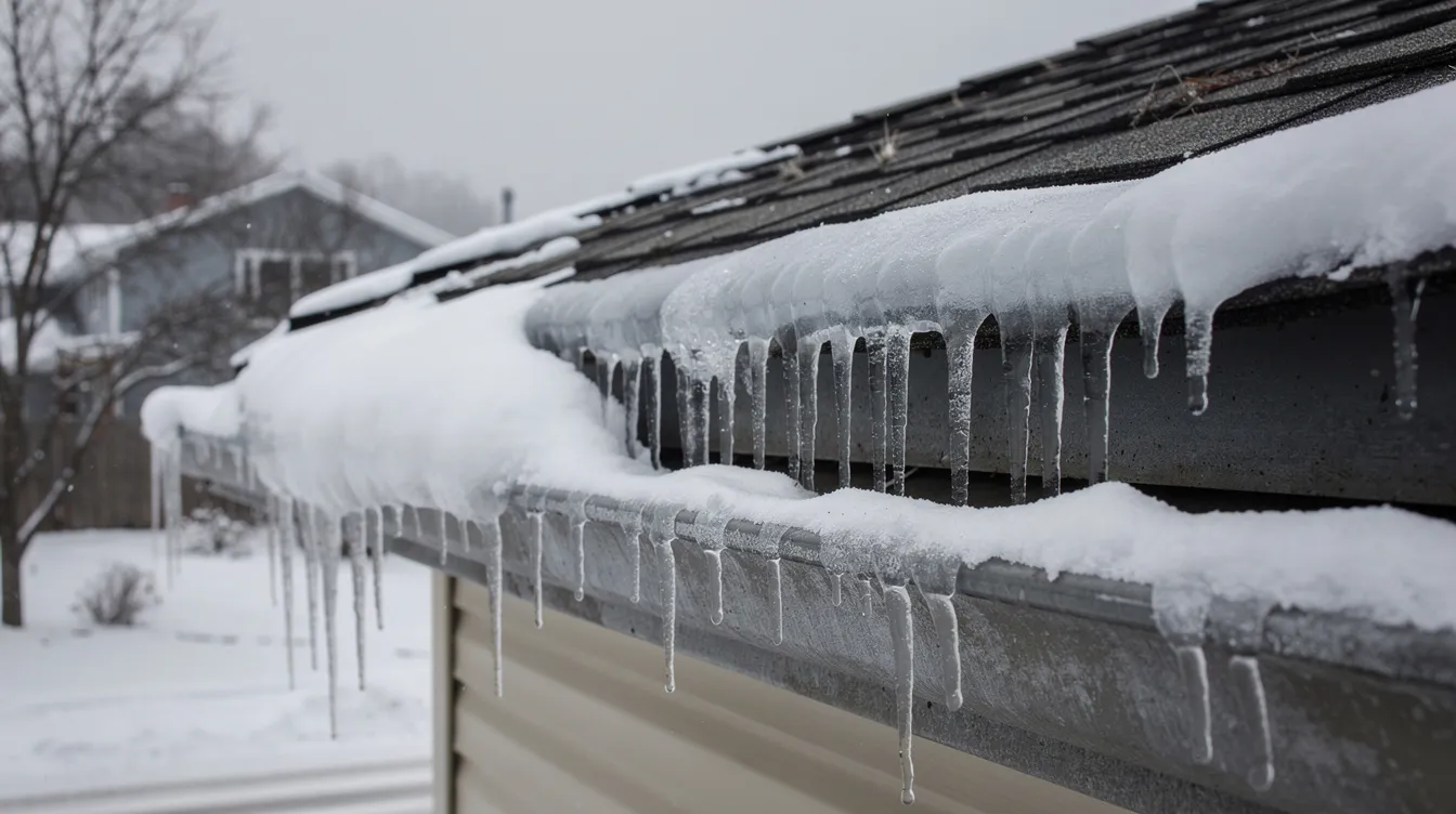 The image depicts a residential roofline adorned with icicles and significant ice buildup, indicating the presence of ice dams that can potentially lead to roof damage during winter weather. Homeowners in Colorado Springs may need to consider efficient gutter installation and regular maintenance to prevent costly repairs and protect their homes from water damage caused by clogged gutters.