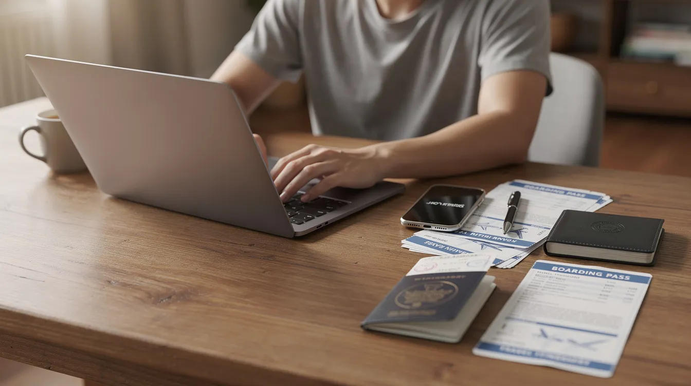 A person is sitting at a desk, focused on their laptop, with a passport and travel documents laid out nearby, indicating preparations for international travel. The scene suggests they may be applying for a Morocco e visa or reviewing visa requirements for South African passport holders.