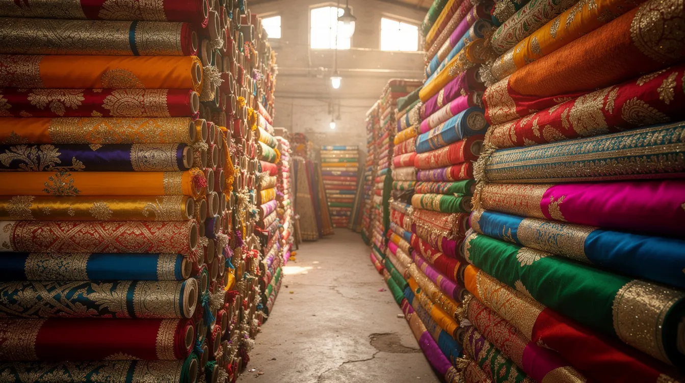 The image features a vibrant array of fabric rolls stacked neatly in an Indian textile warehouse, showcasing the diversity of materials available for the textile industry. This colorful display highlights the raw materials essential for textile manufacturing, reflecting the rich heritage and business opportunities within the Indian textile sector.