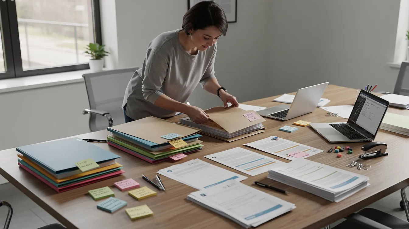 1bd5420a 0314 4fbe 8044 36da751ed72e An individual is seen meticulously organizing various documents and files on a table, which may include bank statements, identity proof, and business plans essential for applying for mudra loans or other financial assistance from banks and micro finance institutions. This scene highlights the importance of preparing necessary paperwork for the loan process, particularly for small enterprises and micro units seeking funding.