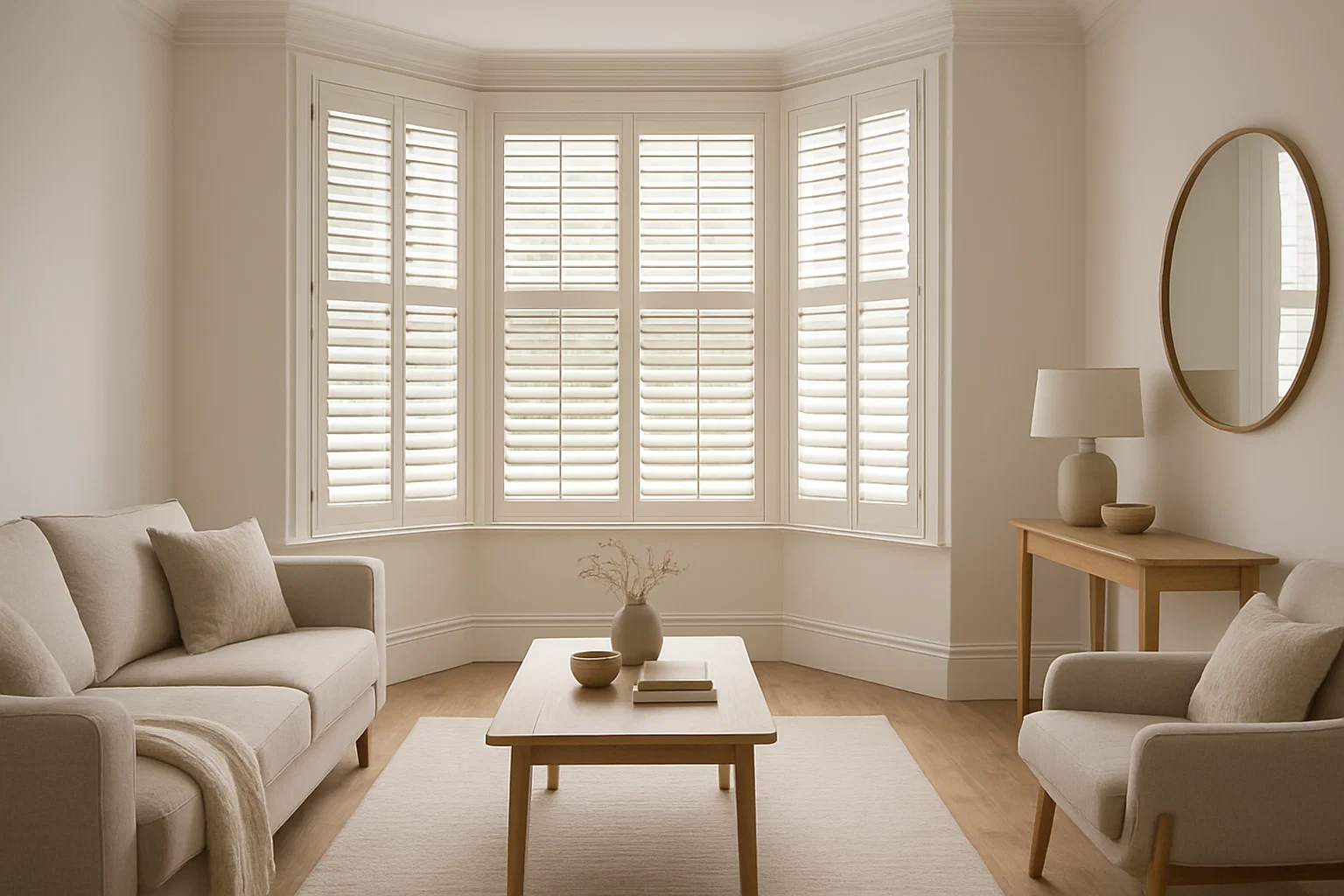 Bay window with full-height plantation shutters in a bright UK living room