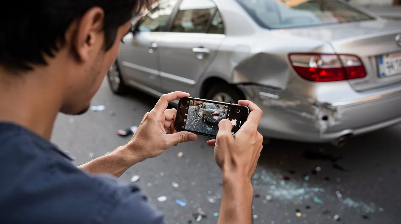 A person is at an accident scene, using their smartphone to take photos of vehicle damage. This image highlights the importance of documenting evidence for car accident claims, which is crucial for pursuing fair compensation with the help of experienced car accident attorneys in Houston, Texas.