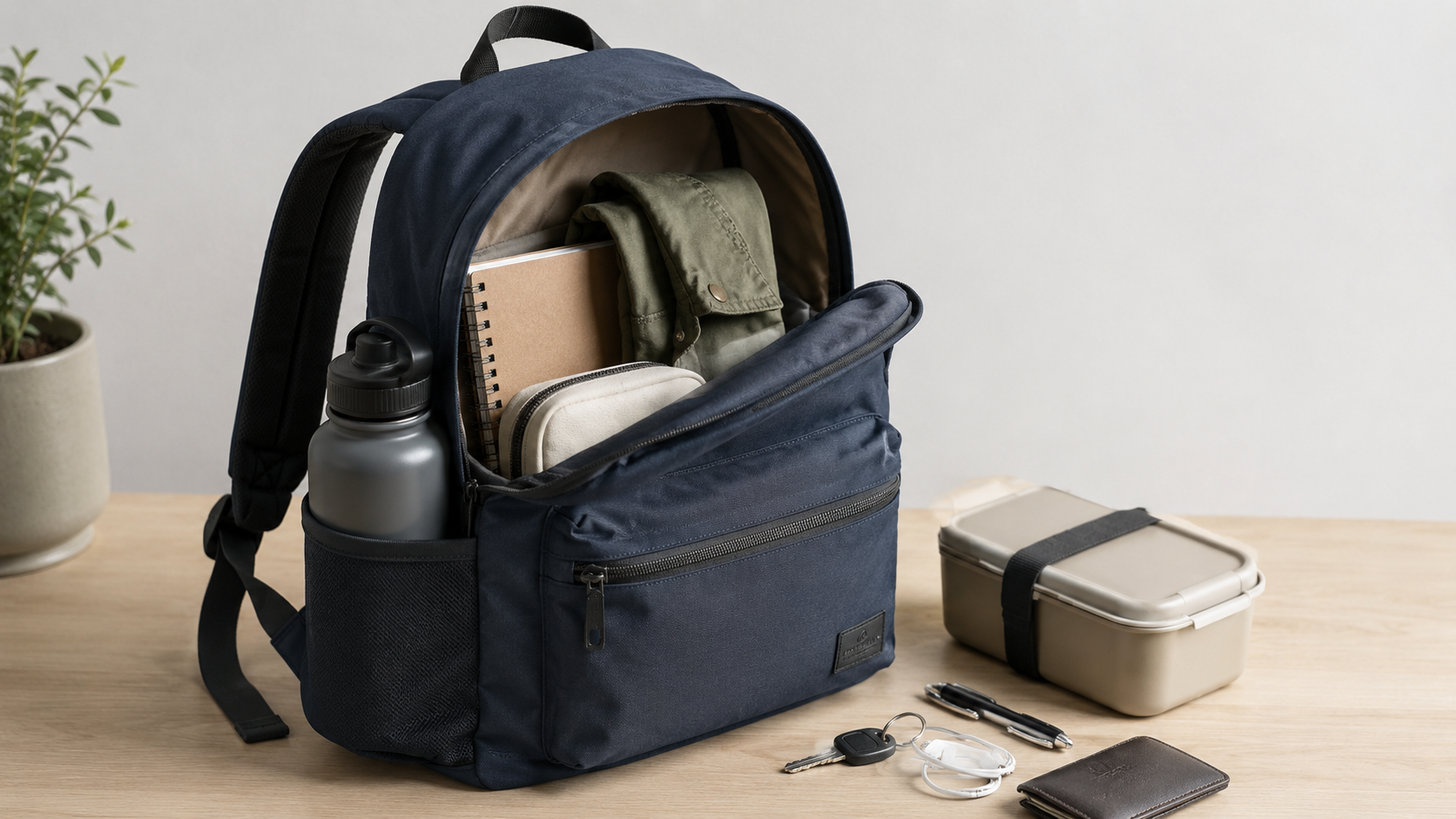 Open daypack packed with a notebook, jacket, headphones, and water bottle