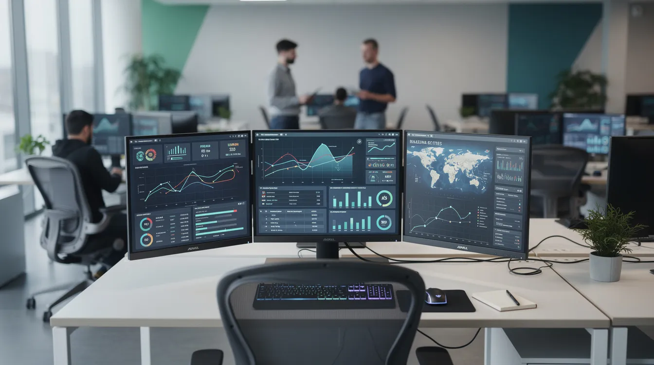 The image depicts a modern office environment featuring multiple computer monitors, each displaying various data dashboards and analytics related to real-time data integration and analytics. The setup emphasizes operational efficiency and the ability to analyze data from multiple sources, showcasing tools for data quality and real-time data processing.