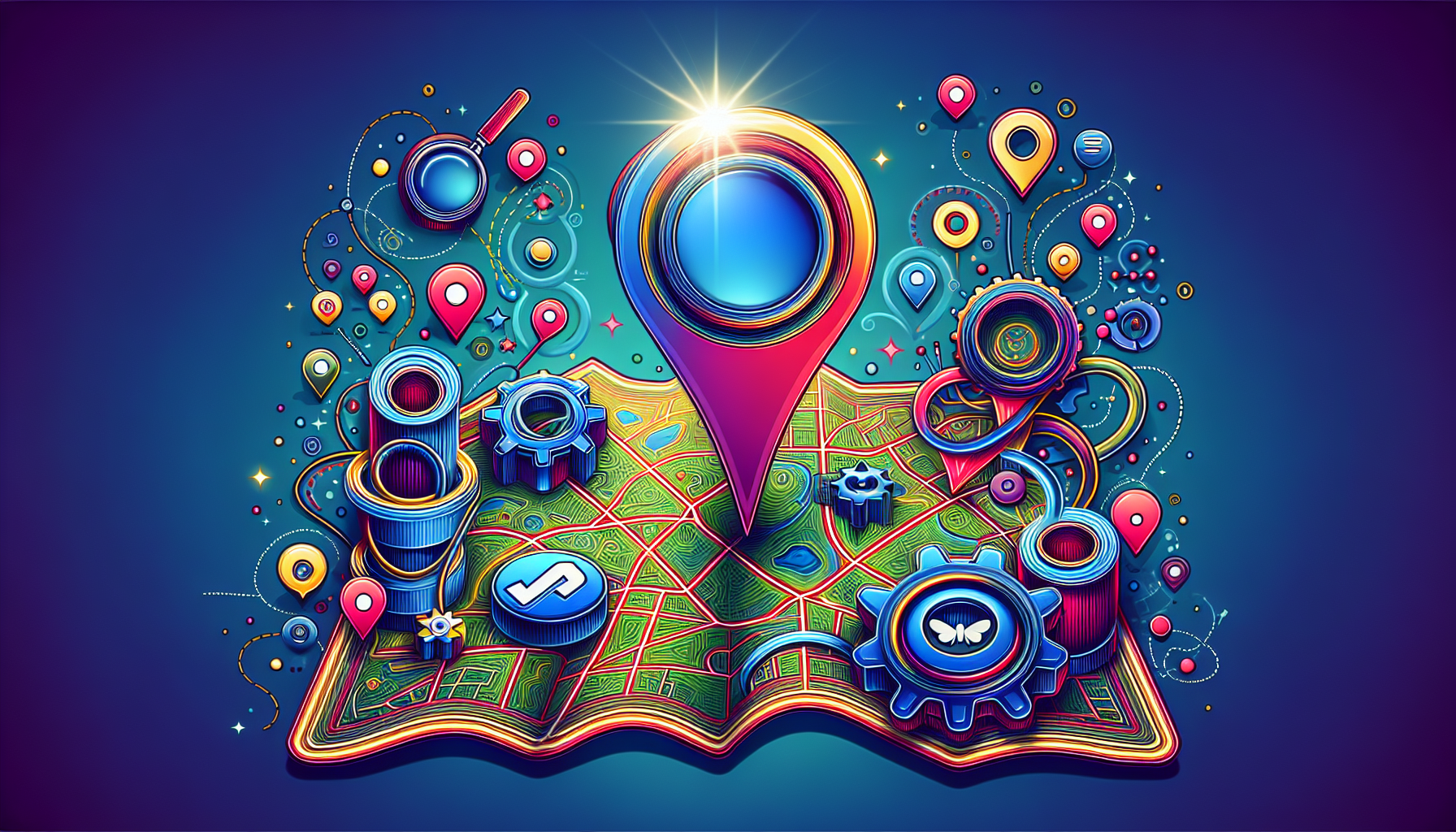 Illustration of a business appearing on a map with local SEO strategies around it