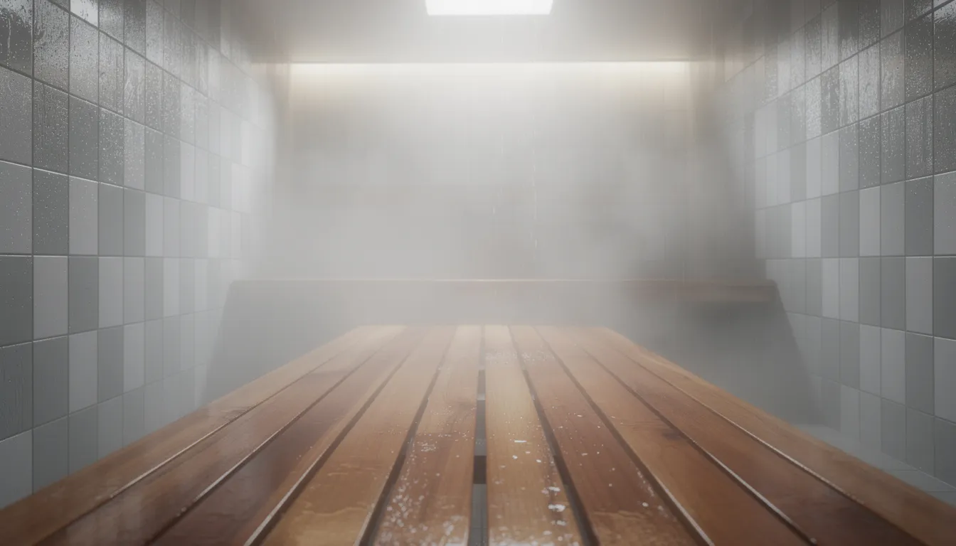 The image depicts a misty steam room interior featuring tiled walls and a wooden seating bench, creating a serene environment ideal for relaxation and heat therapy. This steam room, with its high humidity and moist heat, is beneficial for calorie burn and can aid in muscle recovery and weight loss during sauna sessions.