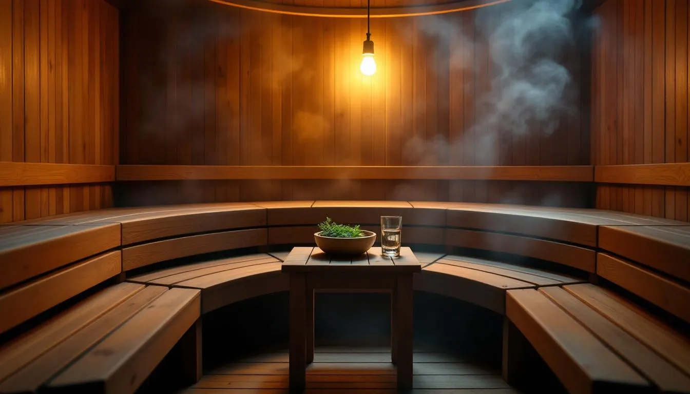 The image depicts a tranquil sauna environment, highlighting the concept of sauna detox with warm wooden interiors and soft lighting. This serene space symbolizes the health benefits of sauna therapy, including toxin elimination and improved circulation, promoting overall well-being and optimal health.