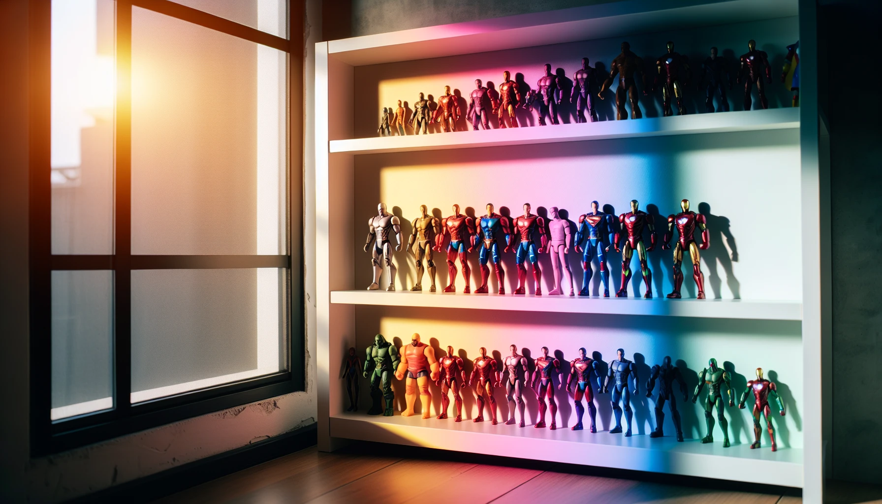 Action figures displayed on a shelf with direct sunlight shining through the window