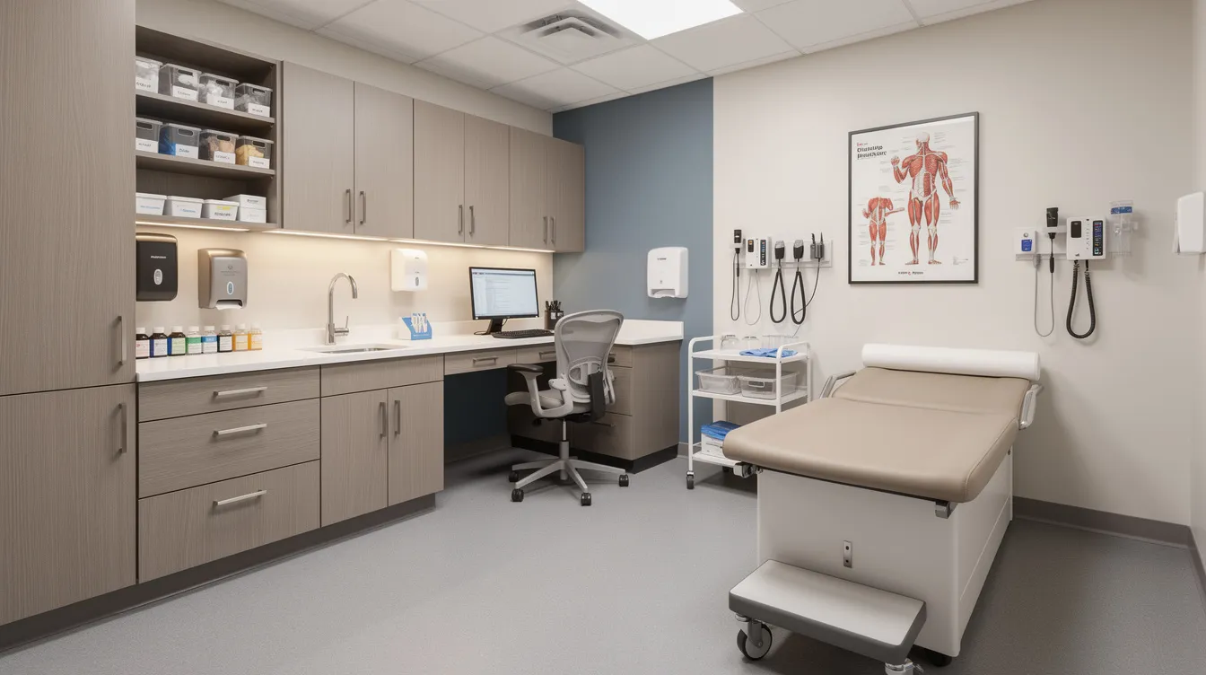 The image depicts a well-organized exam room featuring distinct zones for patients, clinicians, and supplies, with coordinated room furniture including a power exam table with an adjustable backrest. The layout enhances patient care by providing efficient access to medical equipment and accessories, creating a functional and welcoming environment for healthcare professionals and patients alike.