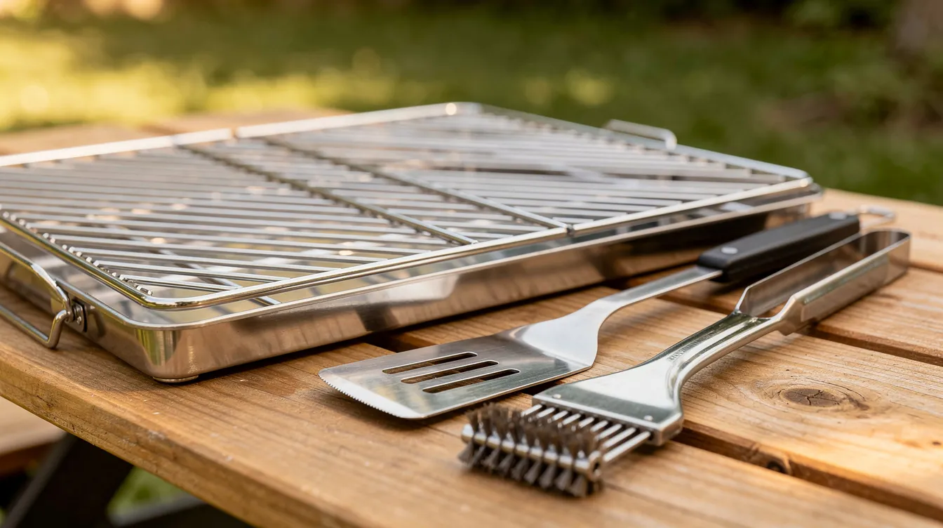 The image shows clean portable grill grates placed in a cooking space, accompanied by grilling tools nearby, ideal for outdoor cooking adventures. The setup suggests a focus on maintaining high quality for perfect results when grilling meats like burgers and chicken.