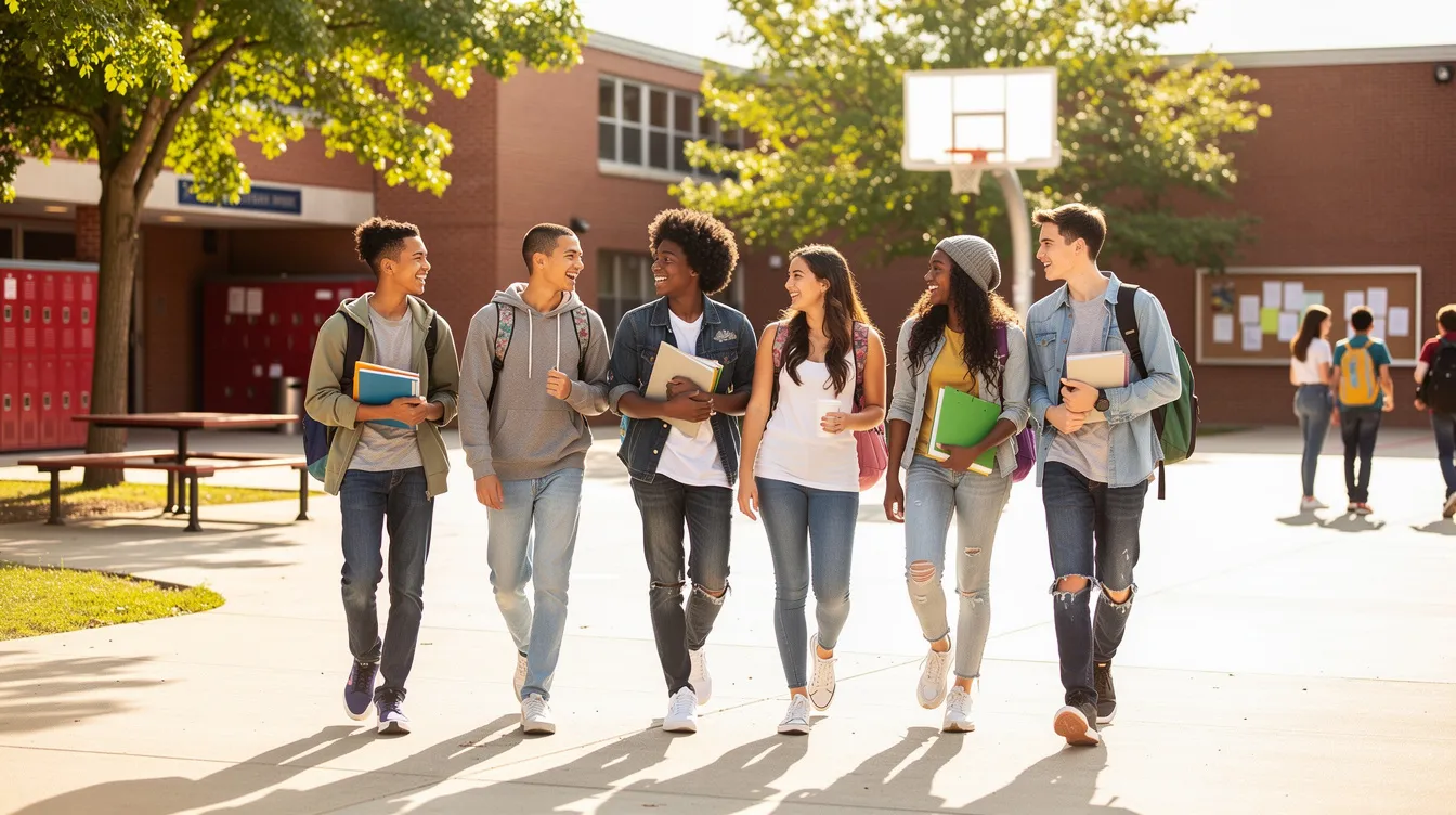 A group of diverse teenagers strolls together through a sunny school courtyard, embodying the dynamics of peer influence and social acceptance common in young adulthood. Their camaraderie highlights the importance of positive peer pressure and the role of friends in shaping behaviors and decisions during adolescence.