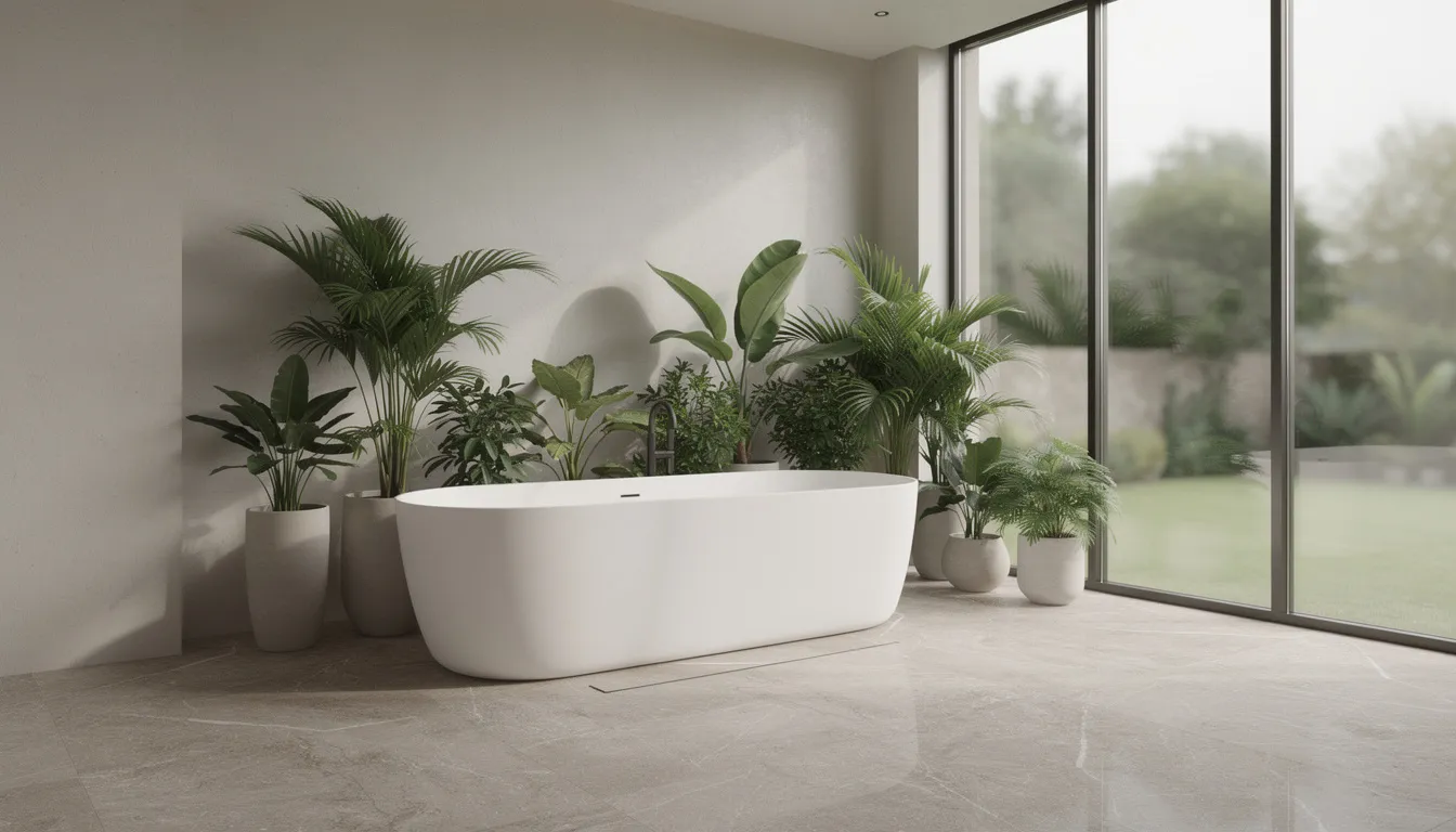 The image depicts a modern spa bathroom featuring a freestanding white tub, surrounded by lush green plants and large floor-to-ceiling windows that fill the space with natural light. The natural stone flooring and stylish decor create a spa-like atmosphere, perfect for relaxation and self-care.