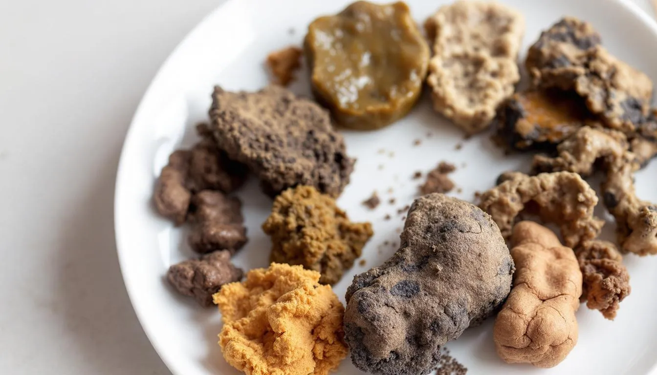 In the image, various stool samples from dogs are displayed, showcasing different consistencies and health indicators, including loose stools and watery diarrhea, which may suggest underlying health issues such as inflammatory bowel disease or dietary indiscretion. These samples highlight the importance of monitoring a dog