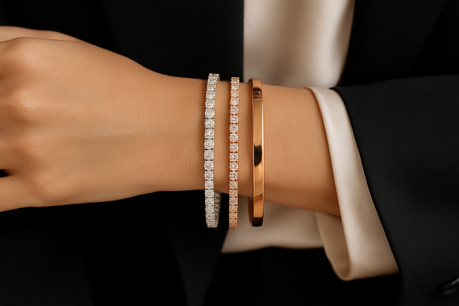 Stilingos moters riešas su apyrankėmis – balto aukso tennis apyranke su deimantais, raudono aukso tennis apyranke su deimantais ir kieta raudono aukso apyranke