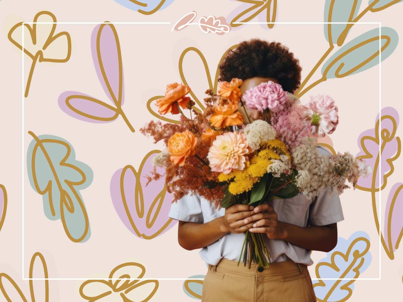 Person holding a diverse bouquet in front of their face, set against a playful floral background - 'How to Choose the Perfect Flower Bouquet for Any Event' blog image.