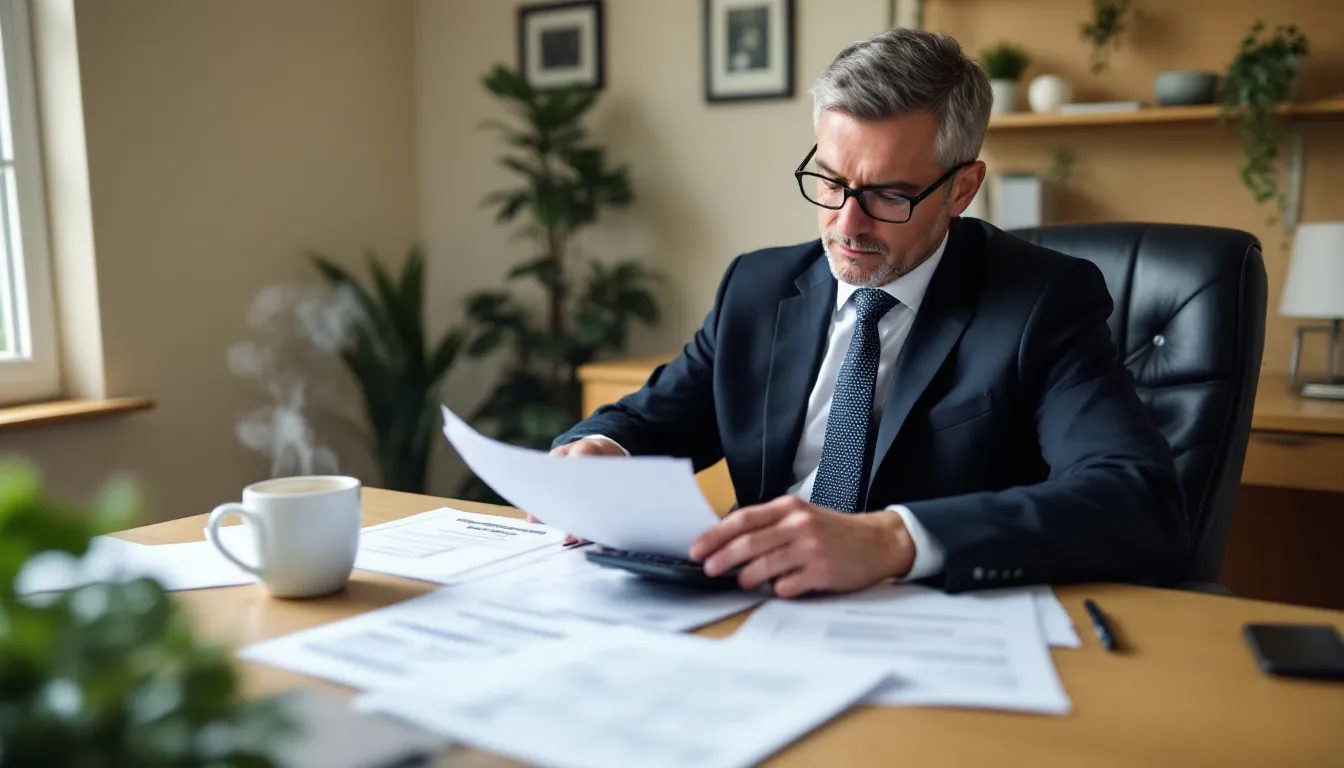 A government employee is sitting at a desk, reviewing retirement planning documents while using a calculator and sipping coffee. The scene reflects the importance of understanding the Florida retirement system and the various pension plans available to FRS members as they prepare for their future.