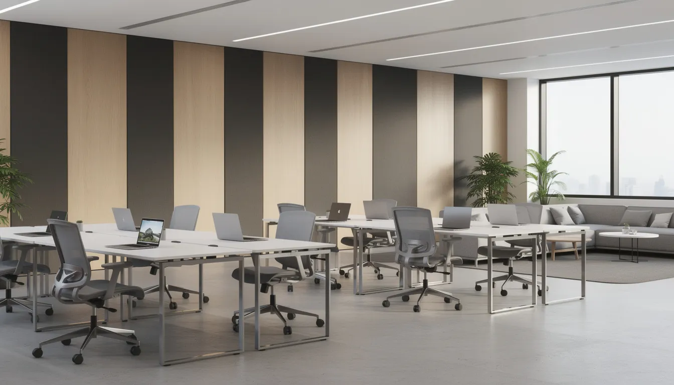 Een modern kantoor met stijlvolle wandpanelen langs een open werkruimte, die zowel akoestische oplossingen bieden als een luxe uitstraling geven. De wandpanelen zijn vervaardigd uit geluiddempende materialen en zorgen voor een betere akoestiek in de werkomgeving.